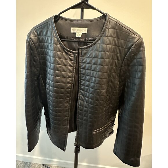 BLACK QUILTED LEATHER LONG SLEEVE ROUND NECK ZIP JACKET PETITE SOPHISTICATE SZ L - Picture 1 of 6